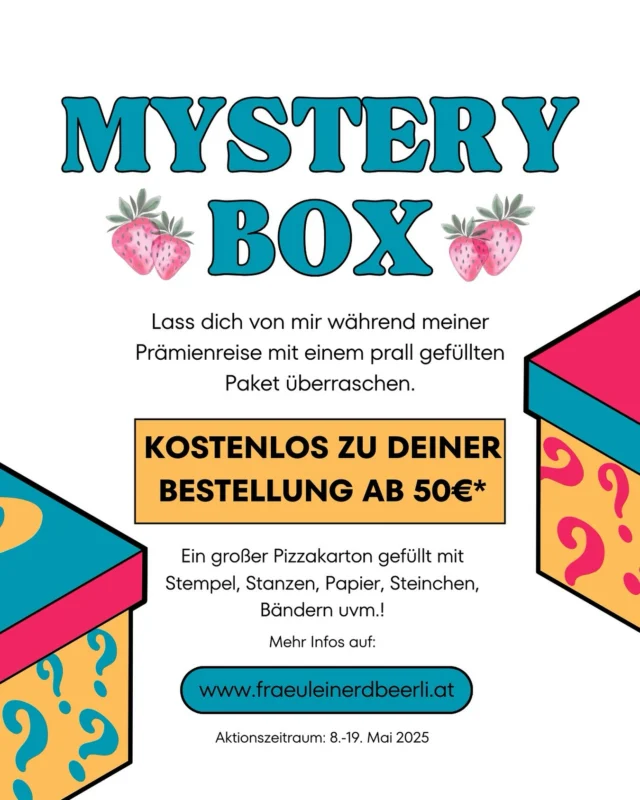 🎁 Letzte Chance! Nur noch bis 19. Mai kannst du dir meine heiß geliebte Mystery Box sichern!
Bei jeder Bestellung ab 50 € gibt’s ein liebevoll gepacktes Überraschungspaket GRATIS dazu – gefüllt mit tollen Stampin’ Up! Produkten, die dein Bastelherz höher schlagen lassen 💌

Nicht verpassen – danach ist die Box Geschichte ✂️🎉

#kreativfreude #stampinup #diyverpackung #KreativerPapierMix #Papershare
#InColorClub2025 #InColorsStampinUp #StampinUpIncolors #stampinup #neueprodukte #StampinUpCrafts #PapercraftTutorials #StampinUpTutorial #HandmadeCrafts #CreativeStampinUp #DIYCrafts #StampinUpProjects #CraftingIdeas #Bastelspaß #Kreativstündchen #Bastelideen #HandgemachtMitLiebe #KreativitätTeilen #StampinUpDemo #StampinUpDemonstrator #StampinUpEurope #StampinUpÖsterreich #StampinUpDeutschland