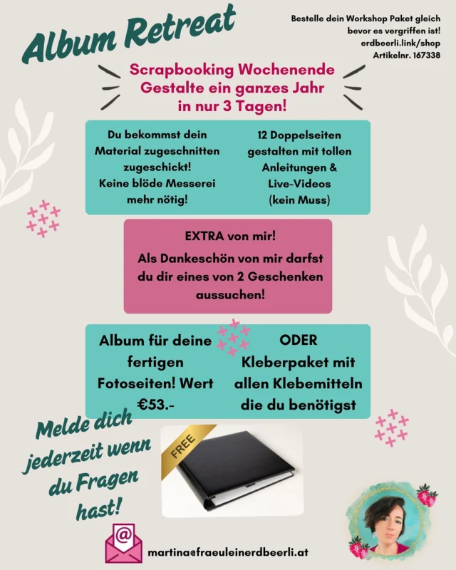 📸 💌Lust ein ganzes Scrapbook/Fotoalbum in nur wenigen Tagen kreativ zu gestalten? Beim Album Retreat von Stampin‘ Up! gestalten wir ein wunderschönes Scrapbook mit 12 Doppelseiten! Du bekommst alles Material bequem nach Hause geschickt, inklusive exklusiver Stempelsets - und vielem mehr - siehe Fotos 😍😍
💫 Kosten: 303€ – und als Dankeschön schenke ich dir ein Album oder ein Kleberpaket im Wert von über 50€ dazu!
Sei dabei und tauche ein in die Welt des Scrapbookings 🤩
❤️
#ScrapbookingRetreat #KreativWochenende #StampinUpLiebe #StampinUpCrafts #PapercraftTutorials #StampinUpTutorial #HandmadeCrafts #CreativeStampinUp #DIYCrafts #StampinUpProjects #CraftingIdeas #Bastelspaß #Bastelideen #HandgemachtMitLiebe #KreativitätTeilen #StampinUpDemo #StampinUpDemonstrator #StampinUpEurope #StampinUpÖsterreich #StampinUpDeutschland #StampinUp